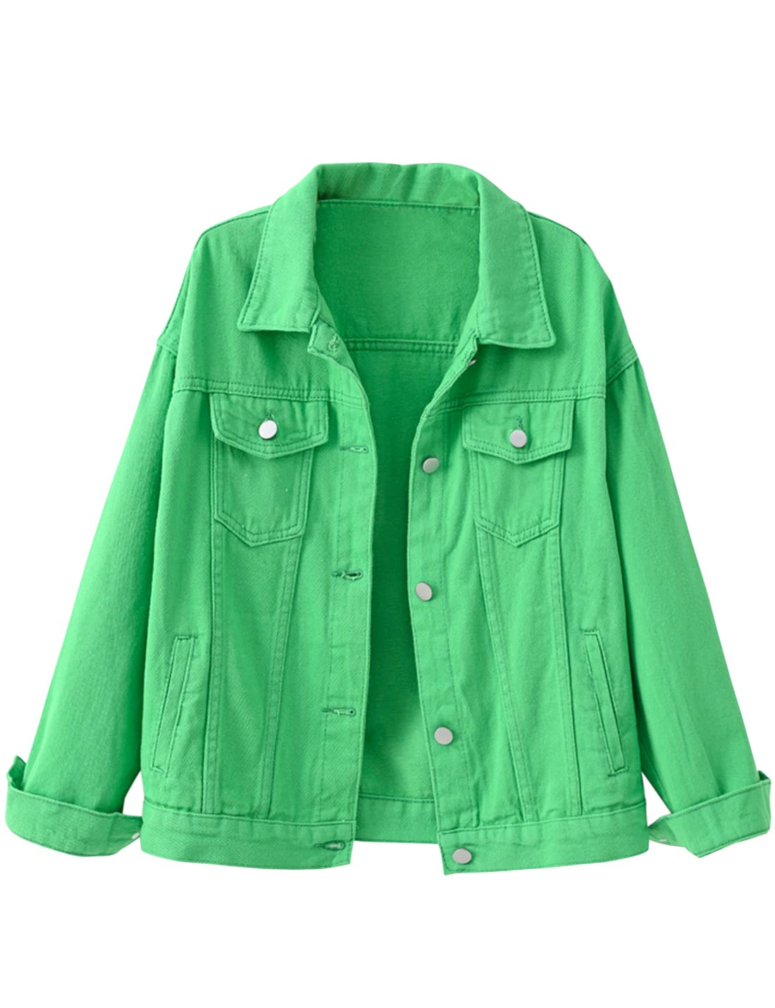Locachy Women's Casual Denim Jacket Solid Color Basic Long Sleeve Jean Jacket Coat Green XS