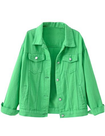 Locachy Women's Casual Denim Jacket Solid Color Basic Long Sleeve Jean Jacket Coat Green XS