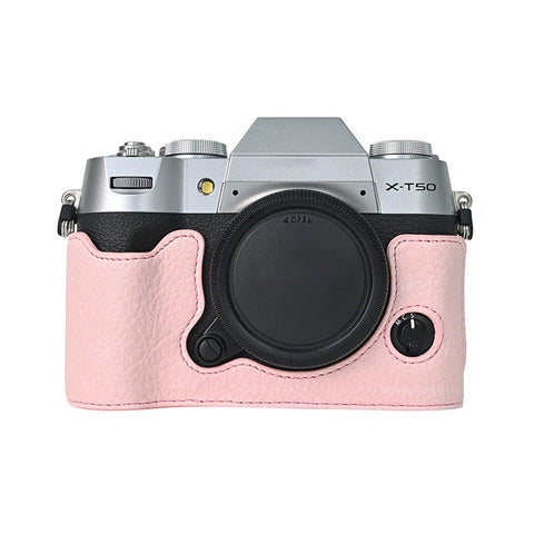 VOVMOEYA Camera Case for FUJIFILM X-T50 Mirrorless Digital Camera,Fuji XT50 Half Case With Soft microfiber Inner,Function Well With 1/4"-20 thread hole Retro PU Leather litchi stria-Pastel Pink