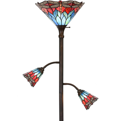 Bieye L30837 Dragonfly Tiffany Style Stained Glass 3-Light Torchiere Floor Lamp with Adjustable Reading Lights for Living Room, 70-inches Tall