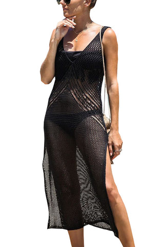 YouKD Women's Crochet Low Cut Dress Long Dressing Gowns See-through Nightwear Beach Cover Up Robes