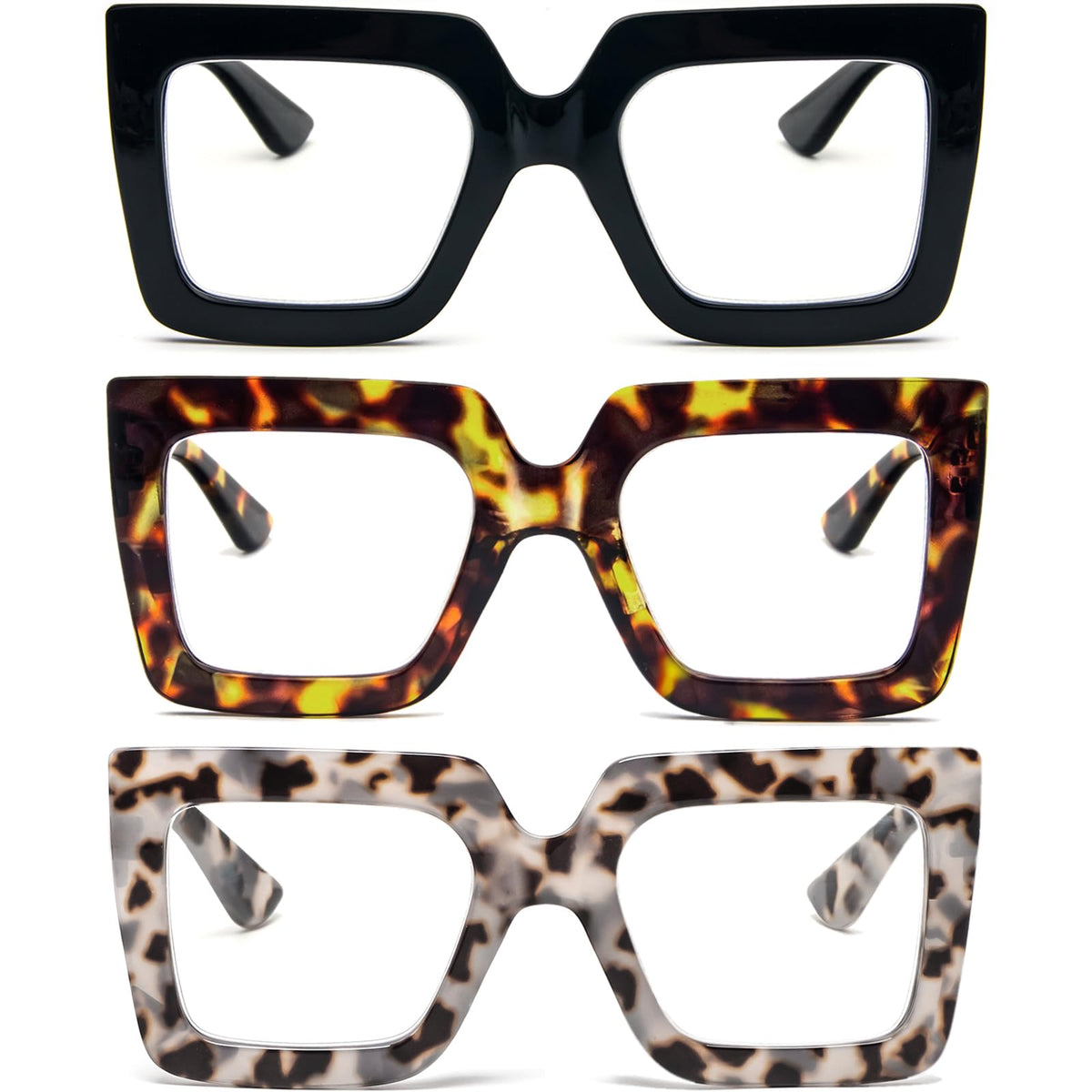 REAVEE 3 Pack Oversized Reading Glasses for Women Large Frame Extra Wide, Blue Light Blocking Readers Stylish Square Thick Eyewear,Black+Leopard+Grey Leopard, 2.5