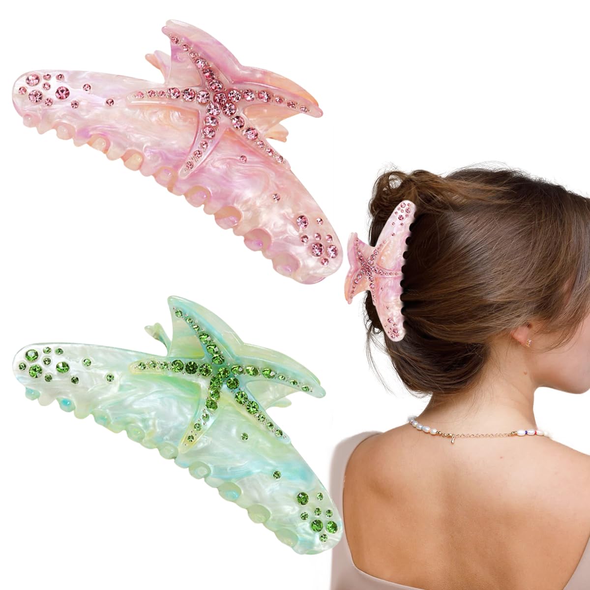 2 PCS Starfish Hair Claw Clip Summer Beach Starfish Hair Clip Starfish Claw Clip Large Hair Claw Clips Acetate Hair Clips Large Non Slip Acetate Strong Hold Jaw Barrettes Headwear for Women Girls