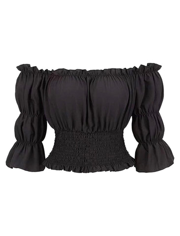 Odizli Medieval Blouse Women's Gothic Steampunk 3/4 Sleeve Off Shoulder Crop Top Victorian Viking Pirate Costume, black, L