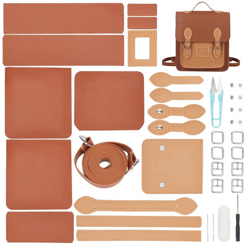 WADORN DIY PU Leather Backpack Bag Making Kit, Leather Shoulder Bag Sewing Complete Kit Handmade Leather Pattern Handbag Stitching All Materials Kit Leather Craft Messenger Bag Purse Kit, Dark Brown