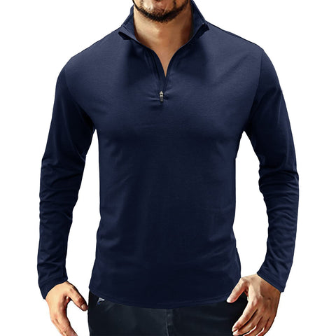 Men's Stand Collar Zipper Polo Shirt Outdoor Tactical Polo Shirt Autumn and Winter New Solid Color Long Sleeve Tshirt Royal Blue XL