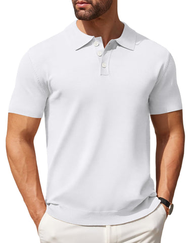 COOFANDY Mens Knit Polo Shirts Casual Short Sleeve Classic Polo Top Shirts Button Down Business Shirts White