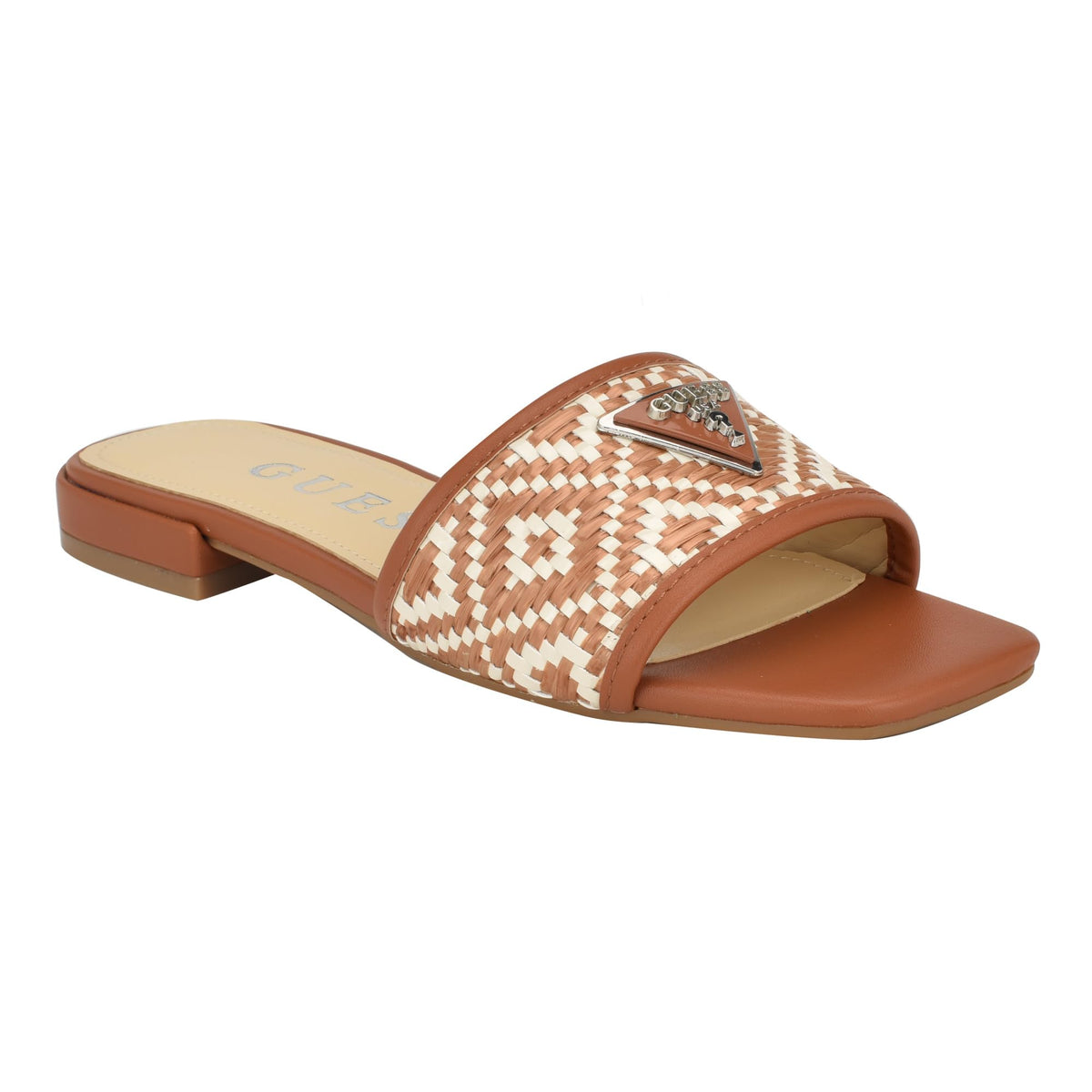 GUESS Women's TAMSEN Flat Sandal, Camel/White 211, 9