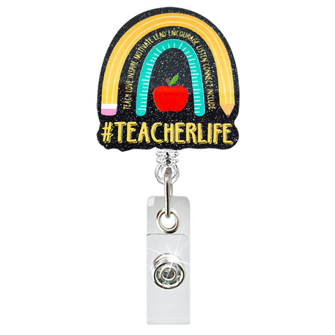 Teacher Retractable Badge Reel with Alligator Clip Teacher Life ID Card Badge Holder Funny Rainbow Badge Funny Black Glitter Badge Reel Gift for Teacher Colleague Headmaster School Staff