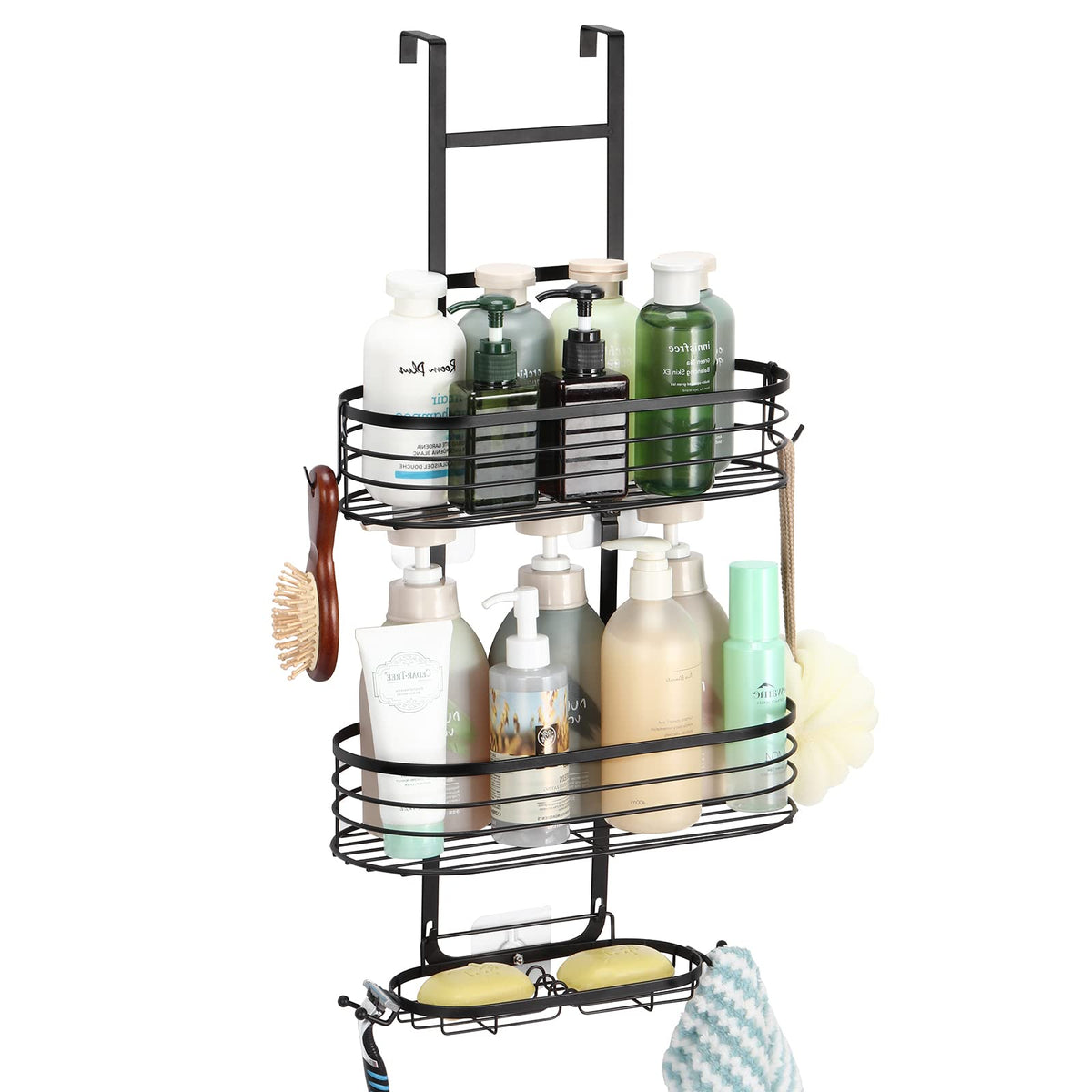 Shower Caddy Hanging, Over The Door Shower Organiser,2 Tire No Drilling Shower Storage with Soap Holder, Shower Shelf for Bathroom Kitchen Black