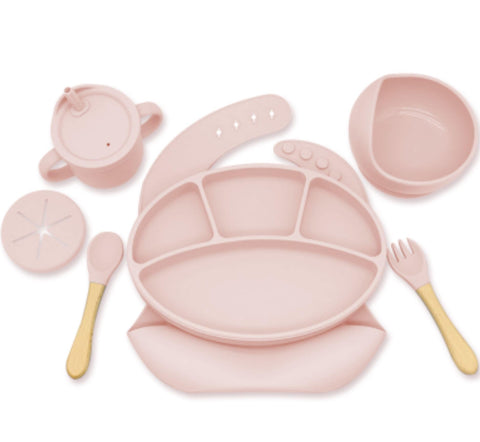Baby Weaning Set, Divided Suction Plate, Suction Bowl, Adjustable Feeding Bib, Baby Silicone Set, Sip Cup with Lid and Straw, Fork and Spoon, for Babies and Toddlers (Pink)