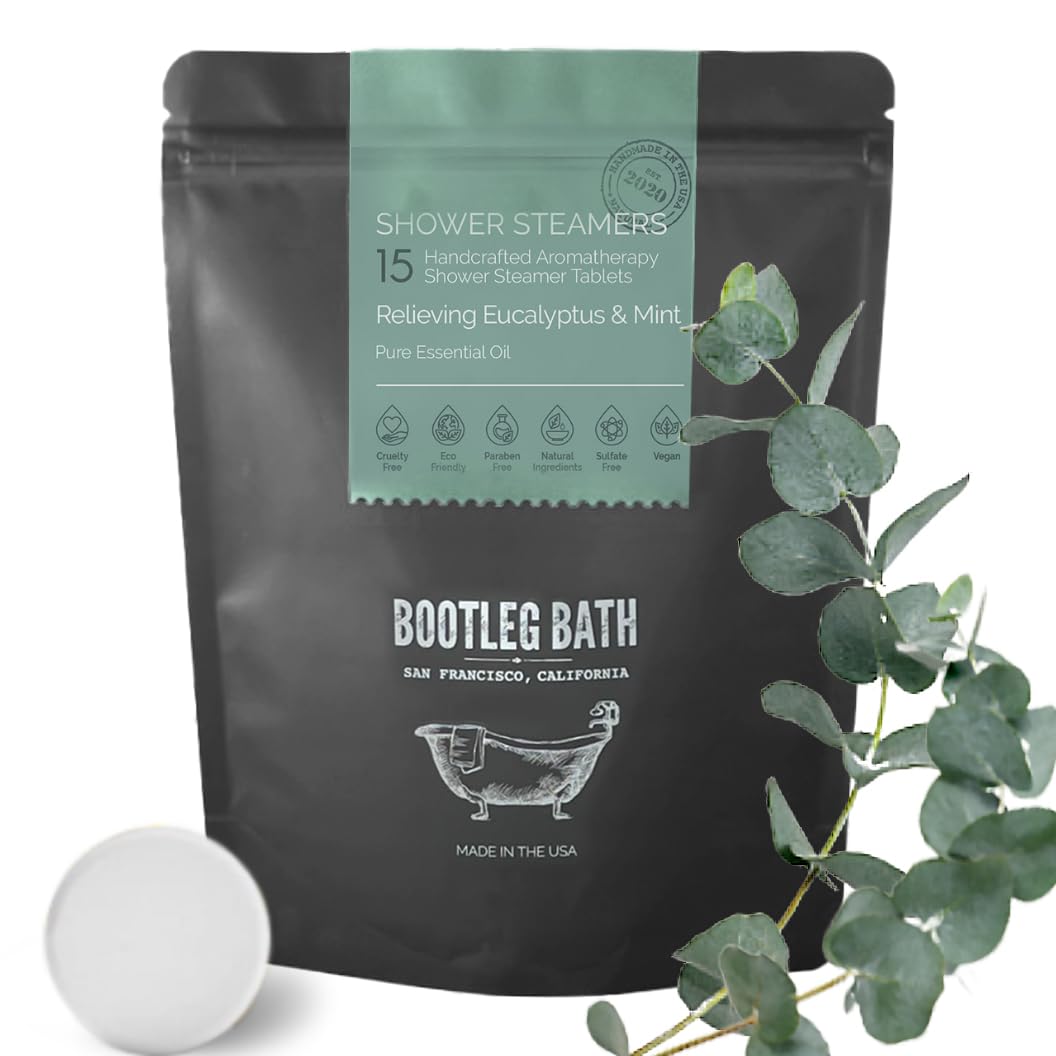 BOOTLEG BATH Shower Steamers Aromatherapy 15 Pack, 100% Pure Essential Oil, Eucalyptus, All Natural, for Men and Women, Made in USA