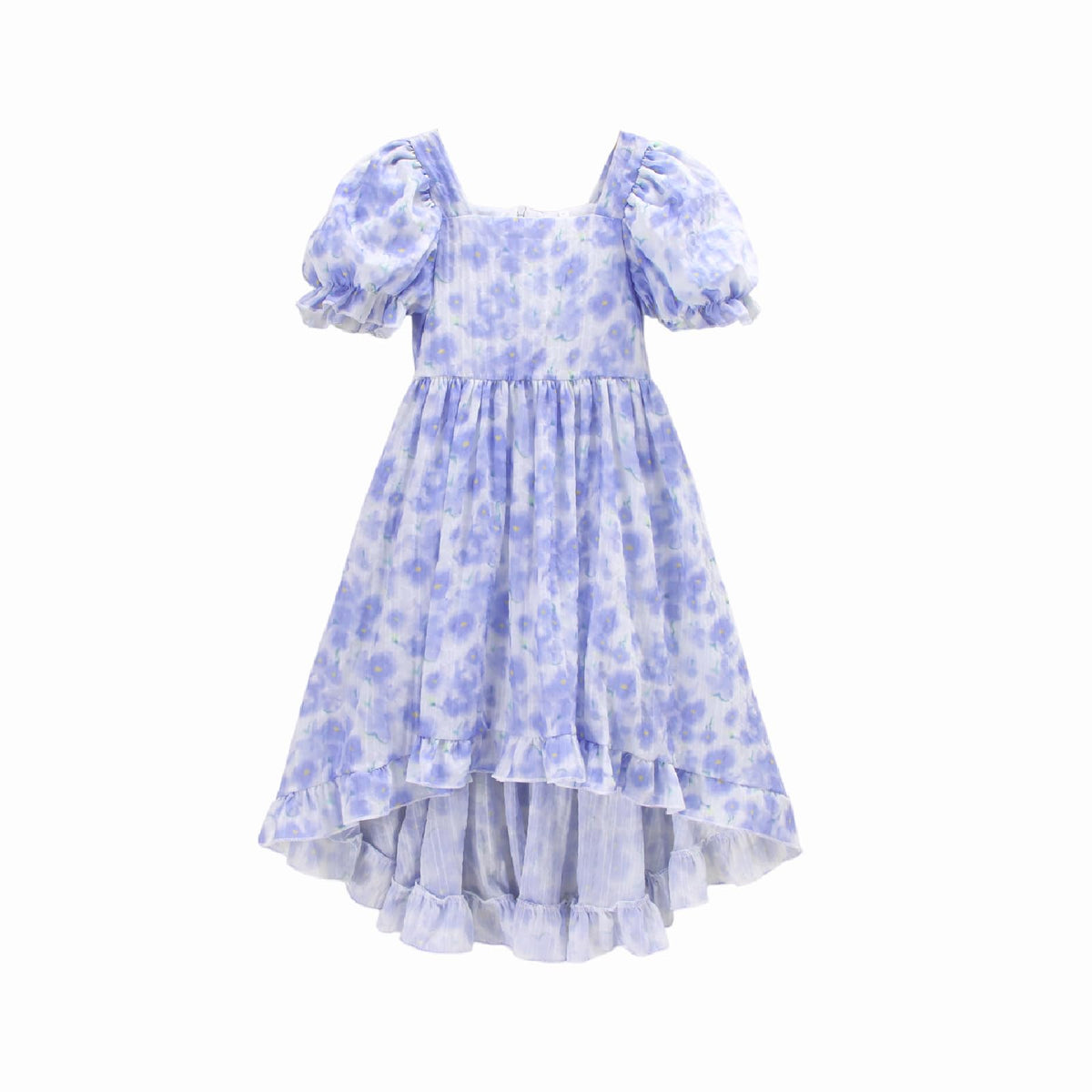 Ritatte Girls Summer Dress Puff Sleeve Square Neck Floral Print High Low Ruffle Hem Casual Midi Dresses 7-12 Years(Blue,11-12 Years(160))