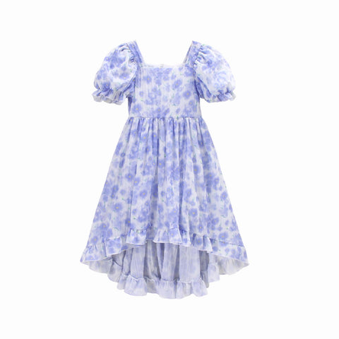 Ritatte Girls Summer Dress Puff Sleeve Square Neck Floral Print High Low Ruffle Hem Casual Midi Dresses 7-12 Years(Blue,11-12 Years(160))