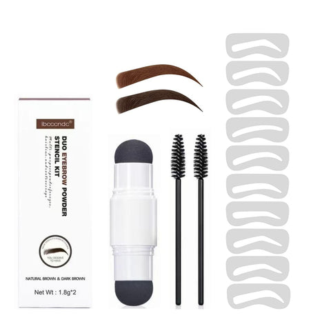 Double EyeBrow Stamp Kit, Eyebrow Stamp Stencil Kit,Perfect Eyebrow Powder Stamp Makeup with 10 Reusable Eyebrow Stencils& 2 Eyebrow Brushes,Shape your Brows and Easy to Use (Natural Brown+Dark Brown)