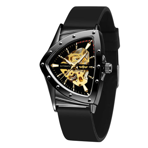 FORSINING New Men Waterproof Skeleton Triangular Mechanical Wrist Watch with Silicone Strap, Gold and Black