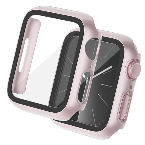 Tuocal Pack of 2 Hard Case Compatible with Apple Watch Series 9 Series 8 Series 7 41 mm HD PC Full Cover Protection with Screen Protector Cover Case Glass Protective Case for iWatch 41 mm, Pink