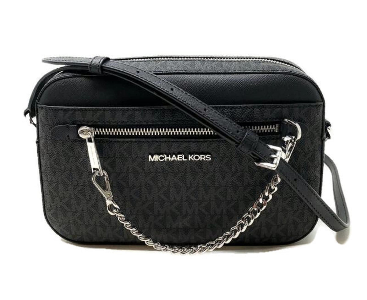 Michael Kors Jet Set Large Leather Crossbody Bag (Black Signature/Silver HW)