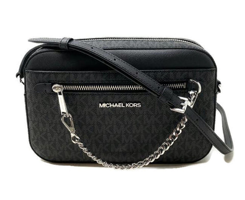 Michael Kors Jet Set Large Leather Crossbody Bag (Black Signature/Silver HW)