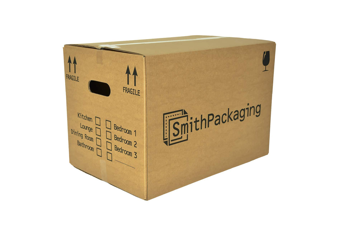 SmithPackaging 5 Large Strong Cardboard Packing Moving House Boxes 51cm x 29cm x 29cm with Carry Handles and Room List