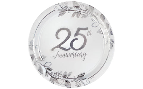 Amscan Elegant 25th Anniversary Silver Round Foil Board Metallic Plates (Pack of 8) - Perfect for Celebrating Milestone Moments, 10.5"