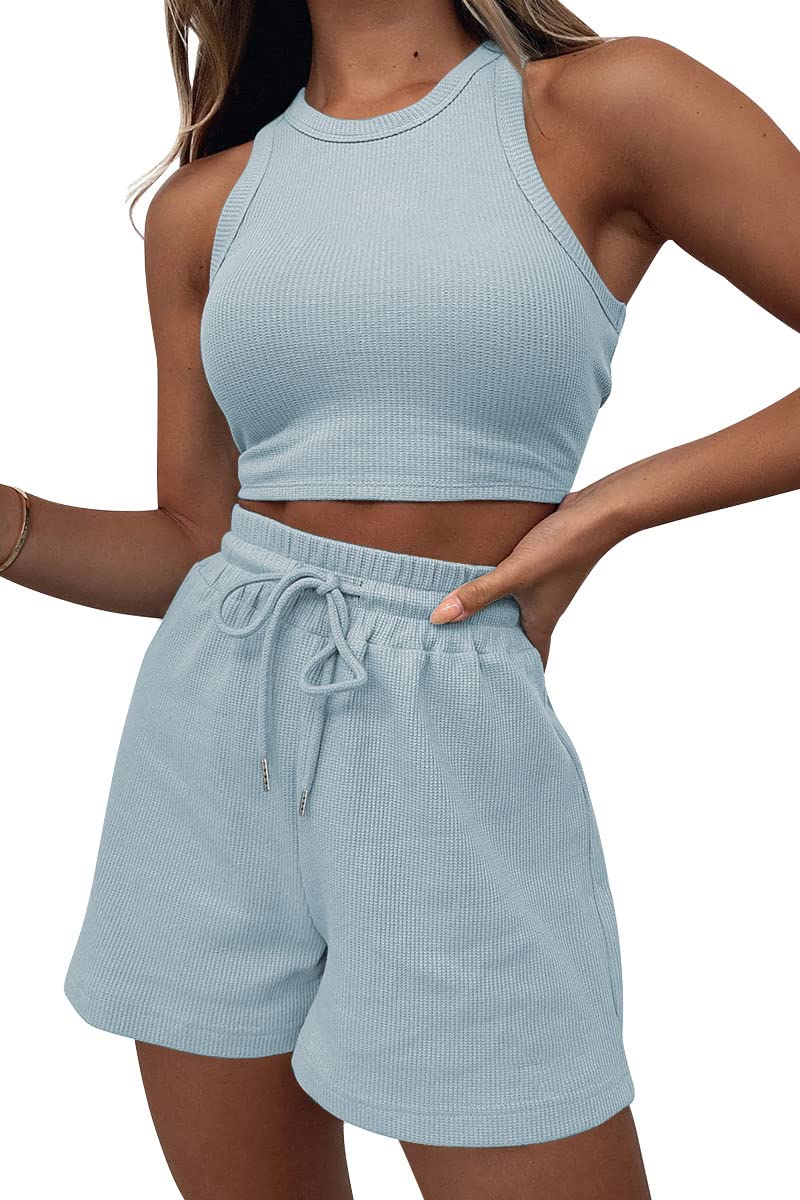 AUTOMET Womens 2 Piece Outfits Tracksuits Lounge Matching Sets Two Piece Linen Shorts Spring Tops 2024 Trendy Summer Clothes SkyBlue M