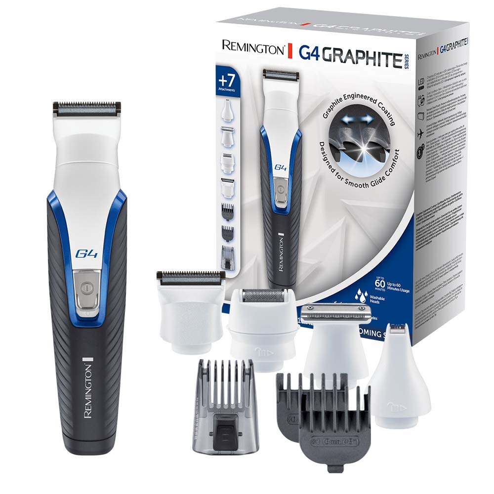 Remington Beard Trimmer [Multifunction Hair, Face & Body] Graphite Series G4 (Graphite Blades, Precision, 4 Interchangeable Heads, Adjustable Clogs 0.5-20 mm, Mains / Wireless90 min) PG4000 Trimmer