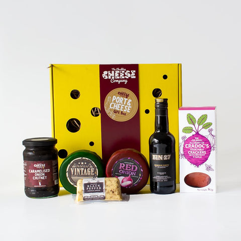 Cheese and Port Gift Box. The Ultimate Port Gift Set for Food Gifts for Men and Women to Enjoy. Perfect for Birthday Hampers for Women and Men. Delicious Unusual Gifts. The Chuckling Cheese Company.