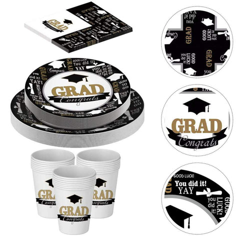 PRETYZOOM Disposable Plates Black Dinnerware Sets Congrats Grad Party Supplies 68Pcs Disposable Dinnerware Set Include Paper Plates Napkins Cups Graduation Party Supplies Black Dinnerware Gold Decor
