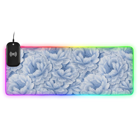 Blue Floral Peony Wireless Charging Mouse Pad for Mobile Phone Extra Large Gaming Mousepad with 13 Lighting Modes Computer Mat for Gaming MacBook PC Laptop Desk Office Home