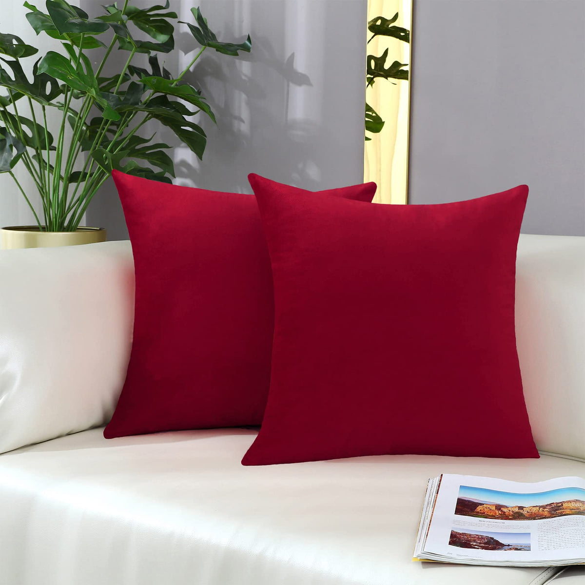 mixeoo Comfy Christmas Red Throw Pillow Covers Decorative Square Solid Thick Velvet Super Soft Cushion Cases Home Decor for Sofa Couch Living Room Chair, Set of 2, 20 x 20 Inch