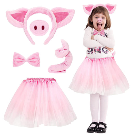 Animal Costume Kids, Carnival Costume Kids Girls, Pig Costumes for Children, Cat Ears and Tail Set, Pink Princess Tutu for Girls, Piglet Dress with Headband Bow Tie Nose Gloves Sheep Party Skirt (A)