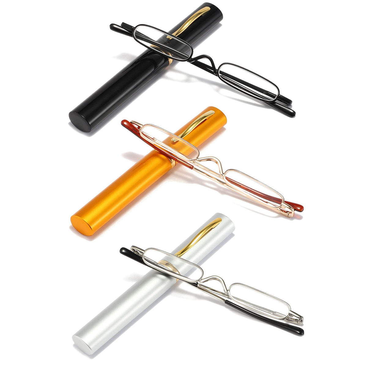 Ultra Small Reading Glasses For Men Women Slim Pocket Readers with Pen Clip Metal Case Spring Hinge 3 Pairs 1.0