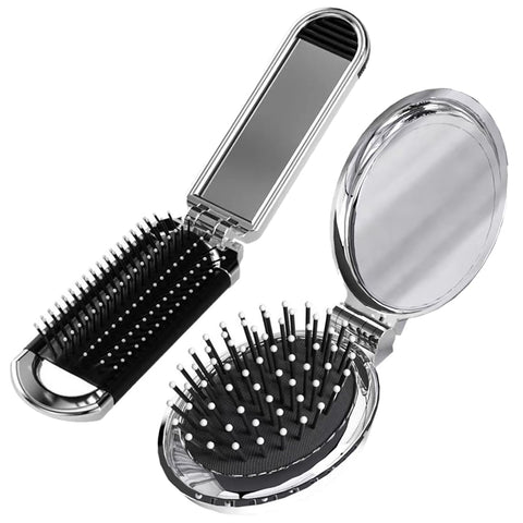 XPEX Pack of 2 Foldable Hair Brushes with Travel Mini Hair Brush Travel Brush Mirror Round Portable Foldable Bag Hair Brush Mini Hair Comb Compact Travel Size Hair Massage Comb