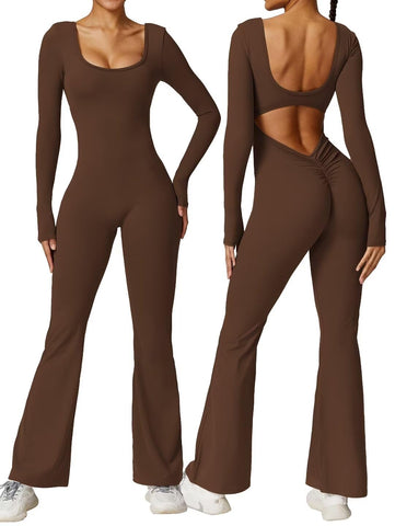 Vertvie Women Flare Jumpsuits Long Sleeve Sexy Backless Padded Bodycon Rompers Scrunch Butt V Back Playsuit Workout Bodysuit(Coffee,Medium)