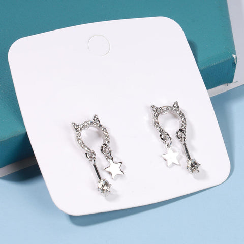 Yheakne Crystal Cat Studs Earrings Silver Crystal Star Dangle Earrings Boho Rhinestone Drop Earrings Natural Inspired Animal Earrings Jewelry for Women and Girls Cat Lover Gifts