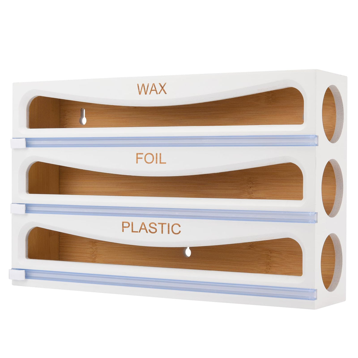 Cozee Bay Bamboo Wrap Dispenser with Cutter, Plastic Wrap Organizer, Aluminum Foil Organization, and Wax Paper Dispenser Holder for Kitchen Drawer and Wall, Compatible with 12" Roll (02 White)