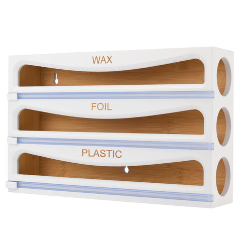 Cozee Bay Bamboo Wrap Dispenser with Cutter, Plastic Wrap Organizer, Aluminum Foil Organization, and Wax Paper Dispenser Holder for Kitchen Drawer and Wall, Compatible with 12" Roll (02 White)