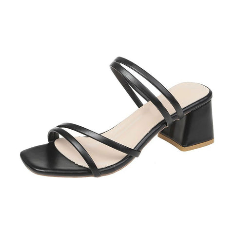 Bestgift Sandals female middle heel thick heel summer outside wear sandal slippers Black 7