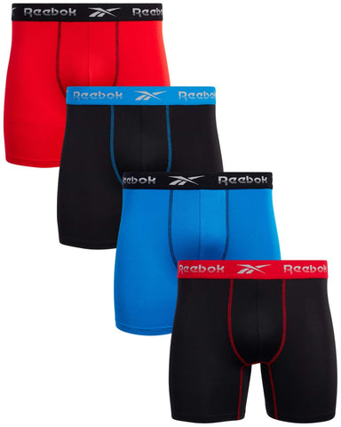 Reebok Men's Active Underwear - Performance Boxer Briefs (4 Pack), Size Large, BlackFlame ScarletBlackDirectoire Blue