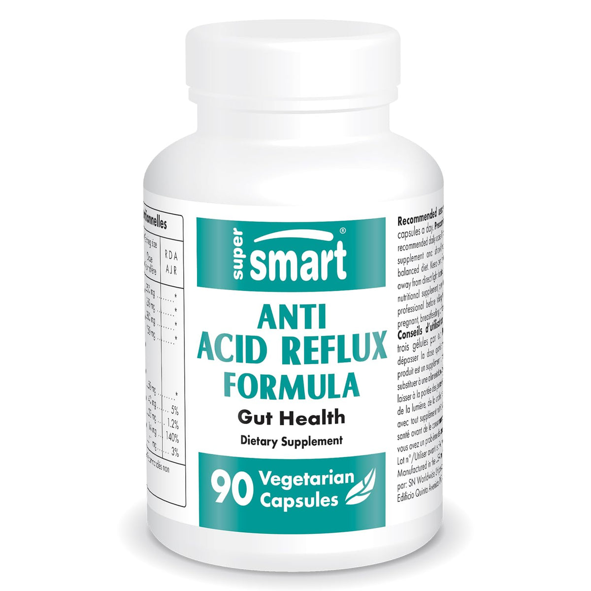 Supersmart - Anti-Acid Reflux Formula (Advanced Complex) - with Zinc L-Carnosine, Slippery Elm Extract, D-Limonene, Licorice | Non-GMO & Gluten Free - 90 Vegetarian Capsules