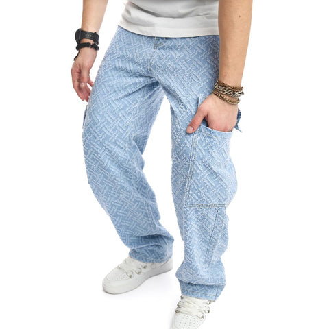 WEIBUMAOYI Men's Loose Fit Pants Relaxed-Fit Men Jeans Washed Oversize Straight Leg Carpenter Jean(880-Washblue-32)