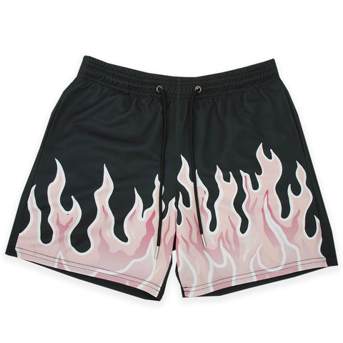 BOOMLEMON Men's Basketball Shorts Casual Workout Athletic Shorts Mesh Flame Graphic Print Running Short Pants(Pink Flame Black S)