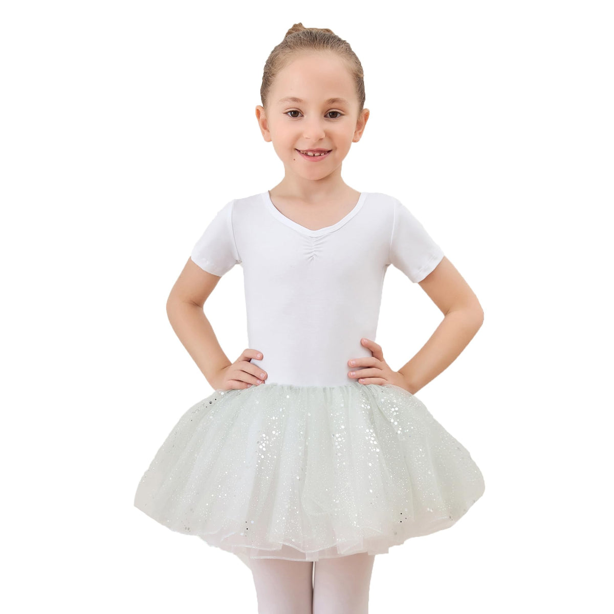 Ballet Leotards for Girls with Tulle Skirt Shiny Dance Leotards Tutu Ballet Dress Dance Gymnastic Outfit Ballerina Dress White
