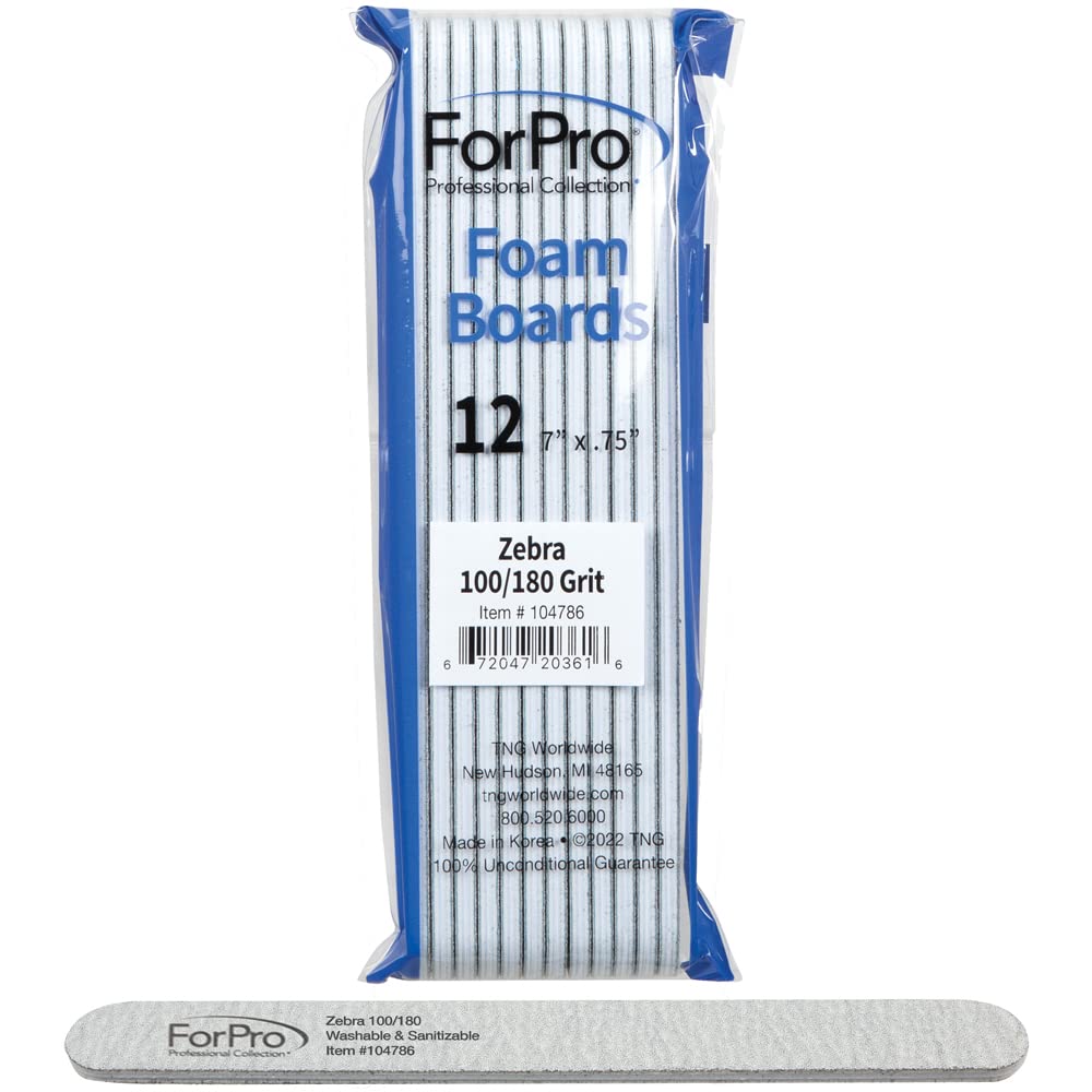 ForPro Professional Collection Nail Foam Boards, Zebra, 100/180 Grit, Double-Sided Manicure and Pedicure Nail Files, 7â€ L x .75â€ W, 12-Count