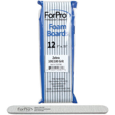 ForPro Professional Collection Nail Foam Boards, Zebra, 100/180 Grit, Double-Sided Manicure and Pedicure Nail Files, 7â€ L x .75â€ W, 12-Count