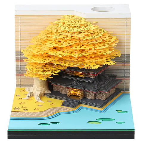 CRINSLY 3D Memo Pad 260 Sheets Tree House Notepad Omoshiroi Block Cute Kawaii Note Pad Paper Carving Art Craftwork Desk Decoration Pen Holder Creative DIY Decorative Gift ?Yellow with Light?