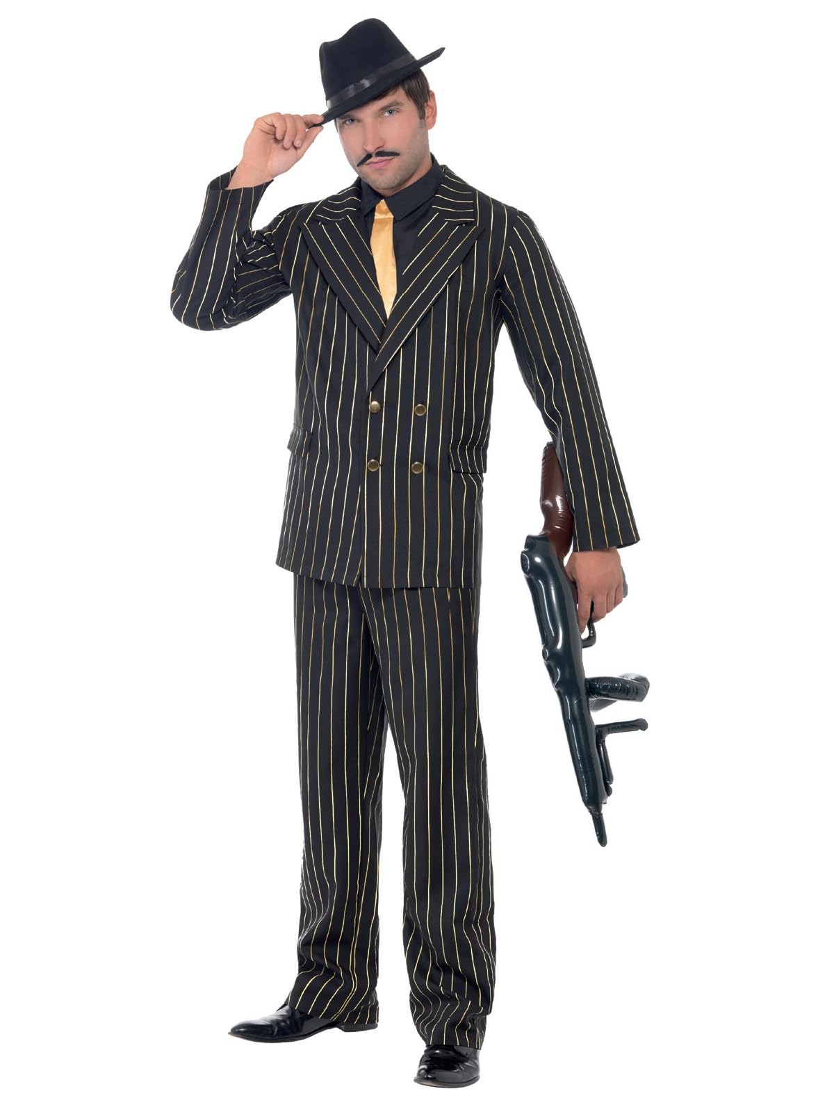 Smiffys Men L-US Size 42"-44" Gold Pinstripe Gangster Costume, Black