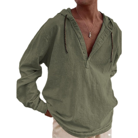 Men's Cotton Linen Hooded Shirt Spring Autumn Solid Color Casual Loose Pullover Hoodies army green XL