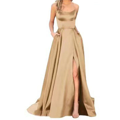 Bestgift Bridesmaid Dresses Long Long Skinny Strapless Bridesmaid Evening Gowns Khaki L